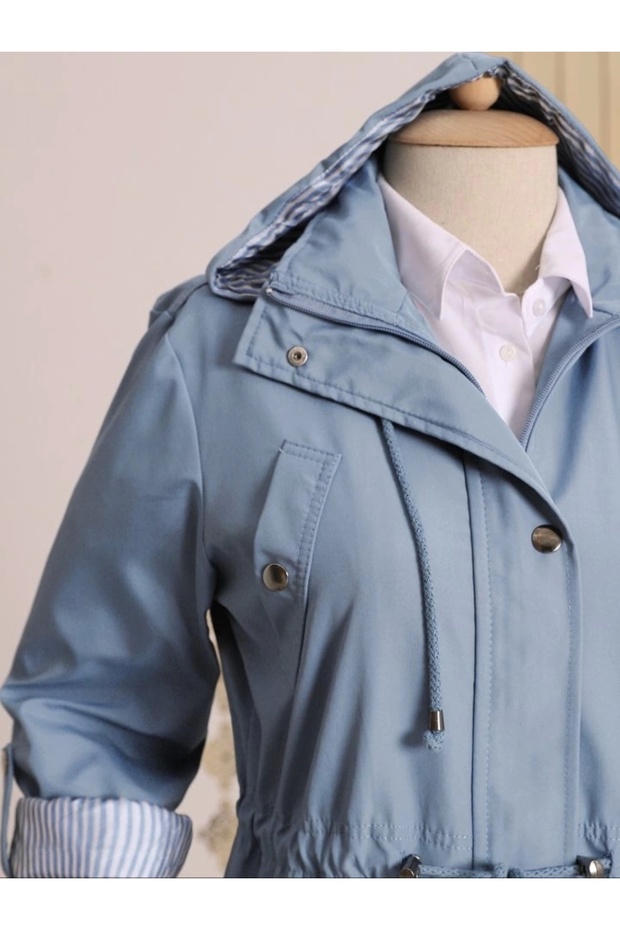 Lined Trench Coat - Blue - 4