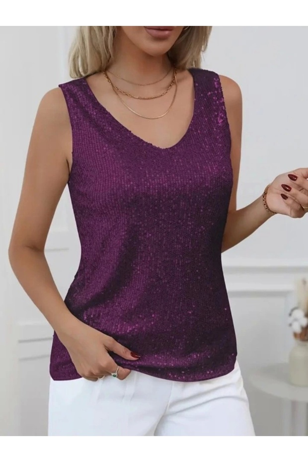 بلوزة بدون أكمام مزينة بالترتر - برقوقي - 2