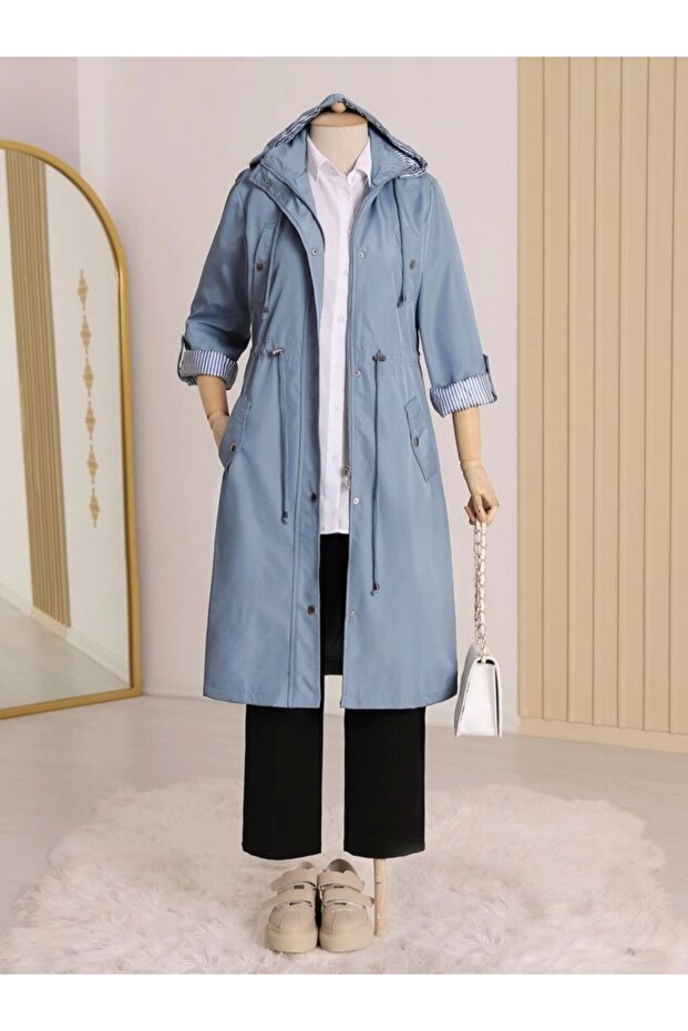 Lined Trench Coat - Blue - 3