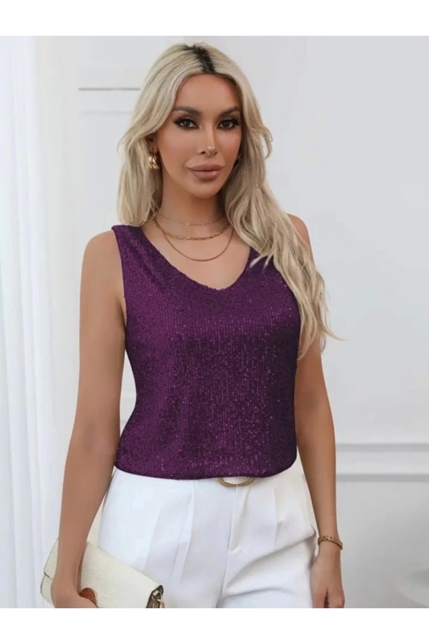 بلوزة بدون أكمام مزينة بالترتر - برقوقي - 3