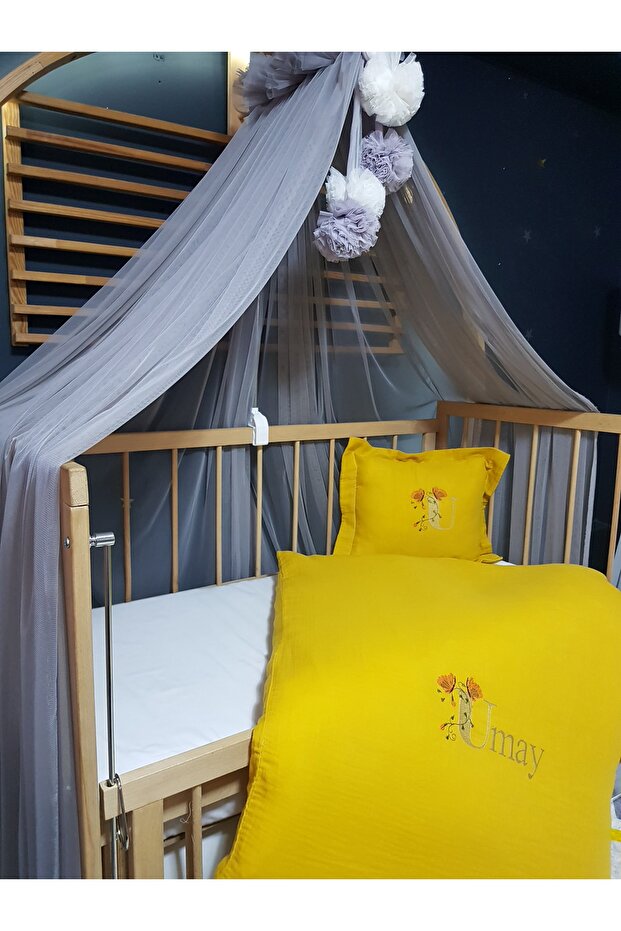 Embroidered Muslin Sleeping Set - 80X120 cm Duvet Cover, Pompom Mosquito Net, Tulle and Apparatus