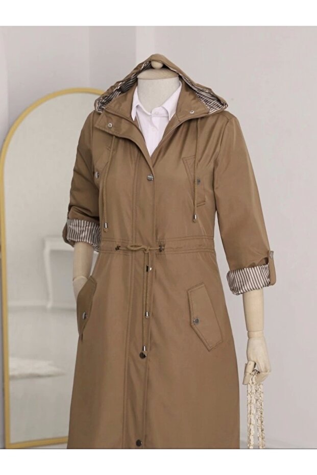 Striped lined trench coat - tan - 3