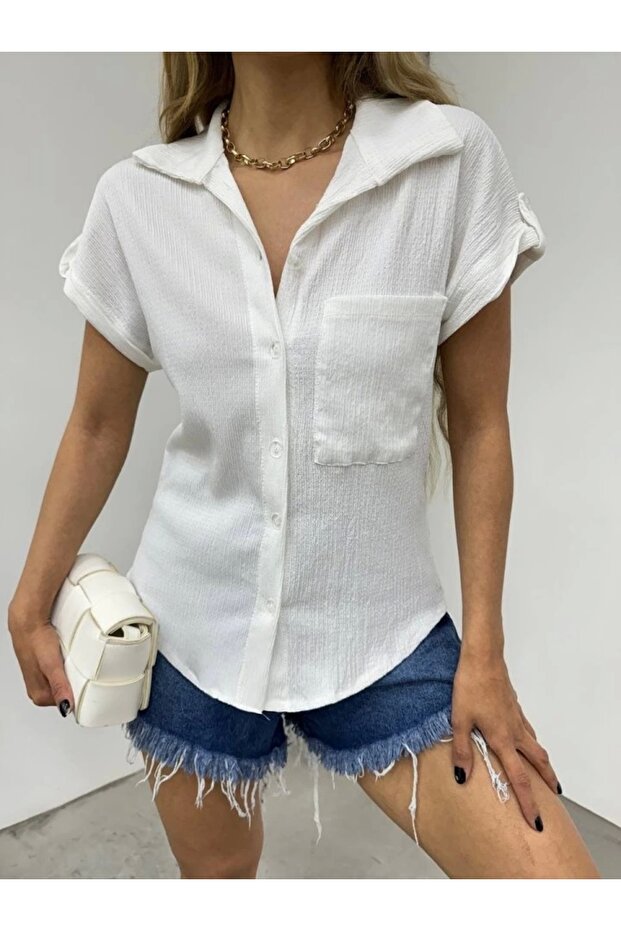 قميص ملفوف بأكمام مزدوجة وجيب واحد - أبيض - 1