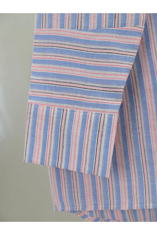 قصة فضفاضة قميص طويل مخطط من الخلف - أزرق - 3