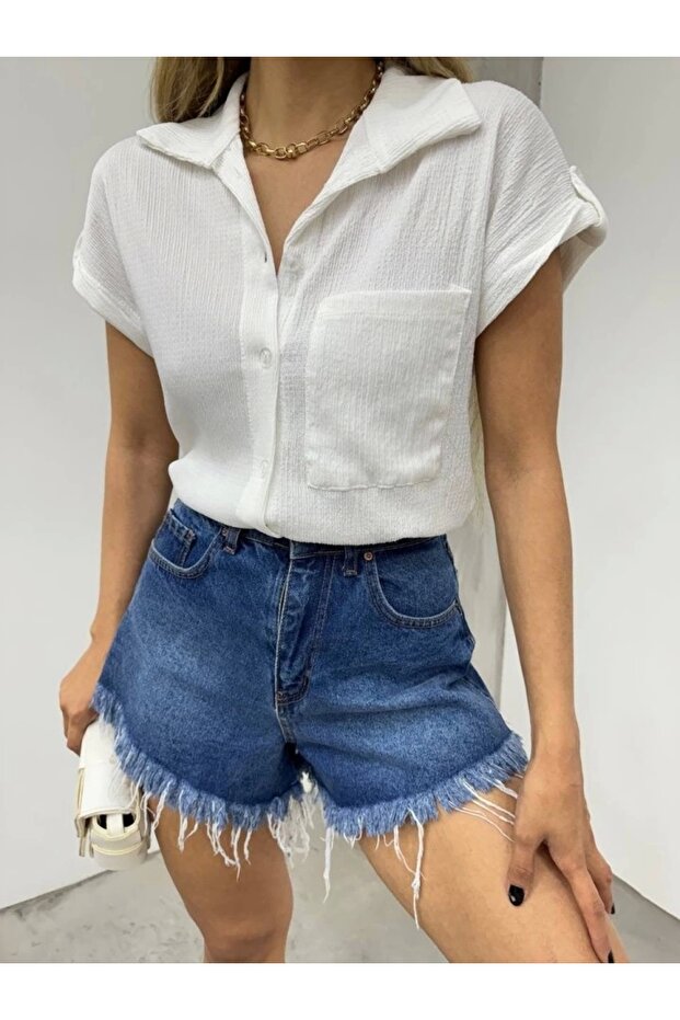 قميص ملفوف بأكمام مزدوجة وجيب واحد - أبيض - 4