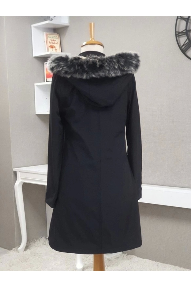 معطف قصير بغطاء للرأس مع جيوب - أسود - 3