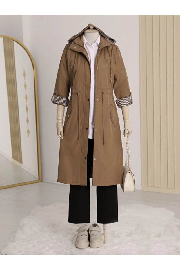 Striped lined trench coat - tan - 1