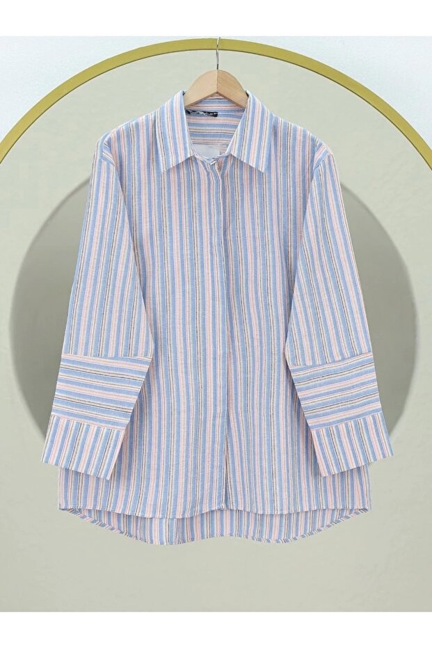 قصة فضفاضة قميص طويل مخطط من الخلف - أزرق - 1