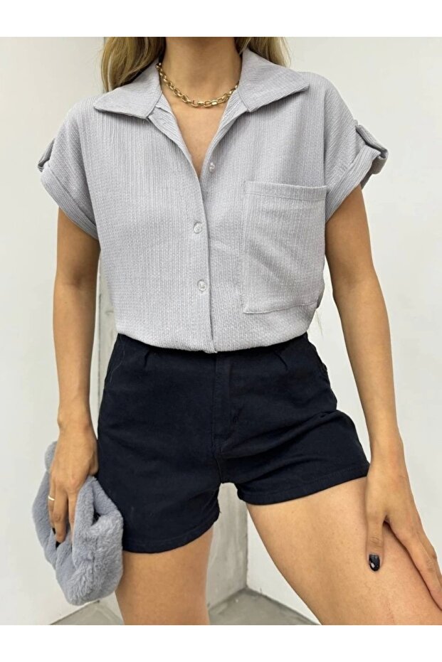 قميص ملفوف بجيب واحد وأكمام مزدوجة - رمادي - 3