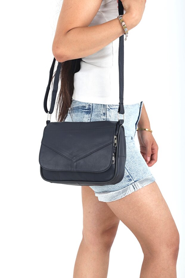 Women's Navy Genuine Leather Strapped Matte Bag