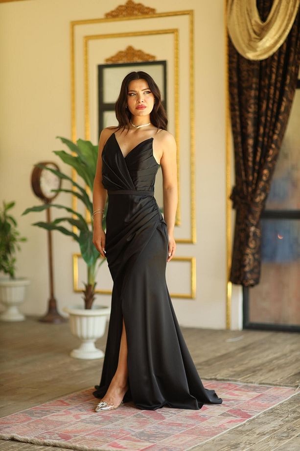 Siyah Saten Kruvaze Elbise - 2