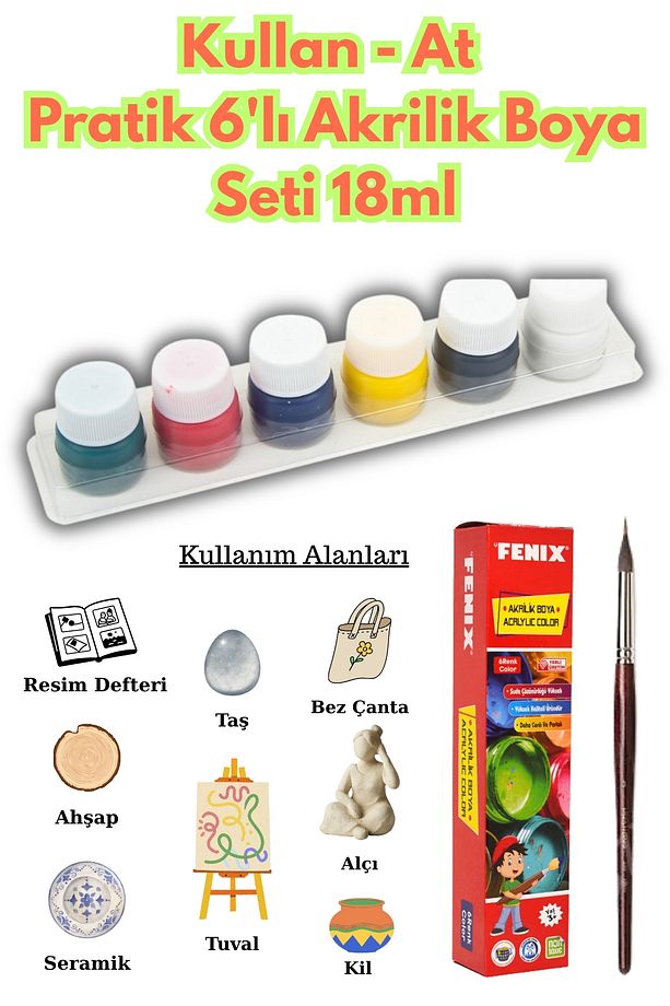 Akrilik Boya Seti 6 Renk + Fırça | 18ml Şişe | Kullan-At | Pratik Sanat Seti – Hobi & Okul Malzemesi - 1