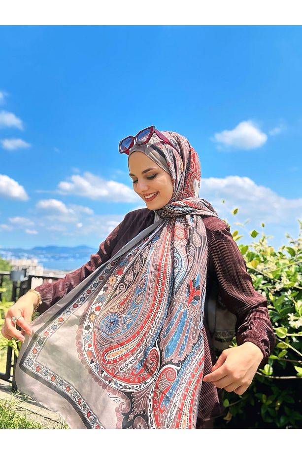 Çiçekli Etnik Desen Şal Vizon - 1
