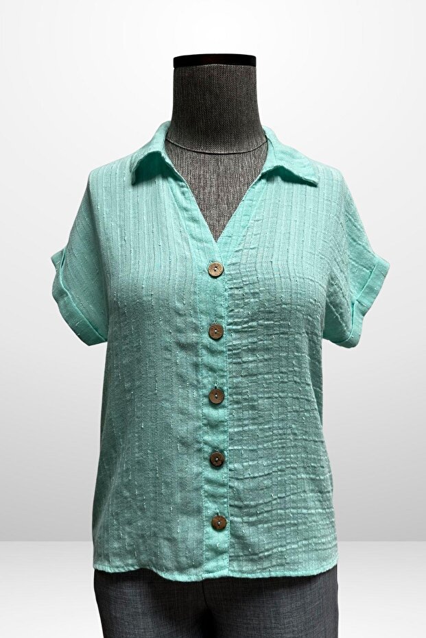 Women's Polo Neck Self Patterned Linen Shirt