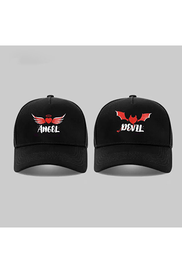 قبعة سوداء مطبوعة من Angel & Devil ذات تصميم مزدوج