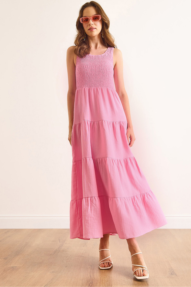 Kadın Pembe Üst Gipeli Parçalı Maksi Müslin Elbise ELB-19002499 - 1