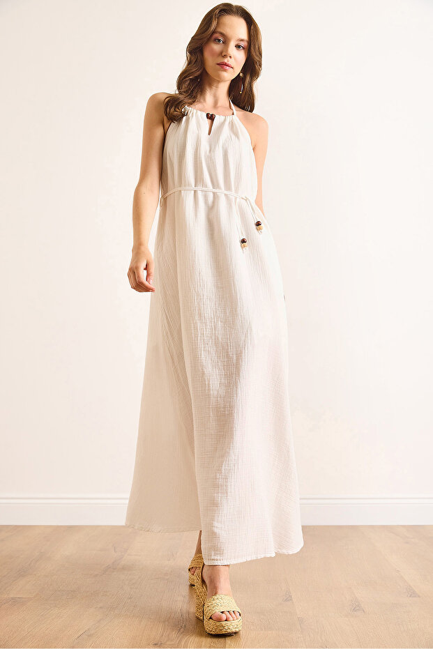 Women's White Muslin Lined Back Deep Decolletage Maxi Dress Elb-19002504