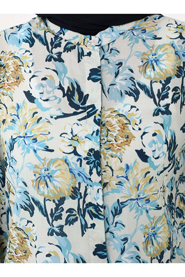 Çiçek Baskılı Vual Tunik - Mavi - - 4