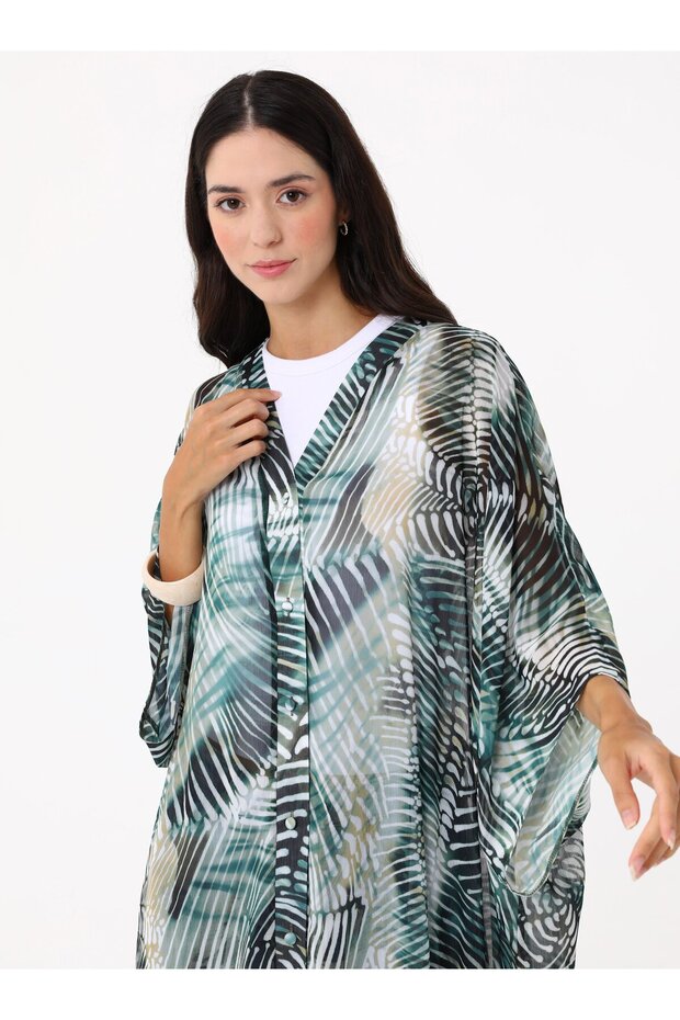 عباية شيفون طويلة منقوشة - كاكي منقوش - - 2