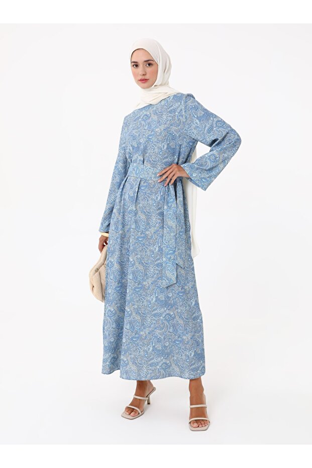 Baskılı Tesettür Elbise - Mavi - - 1