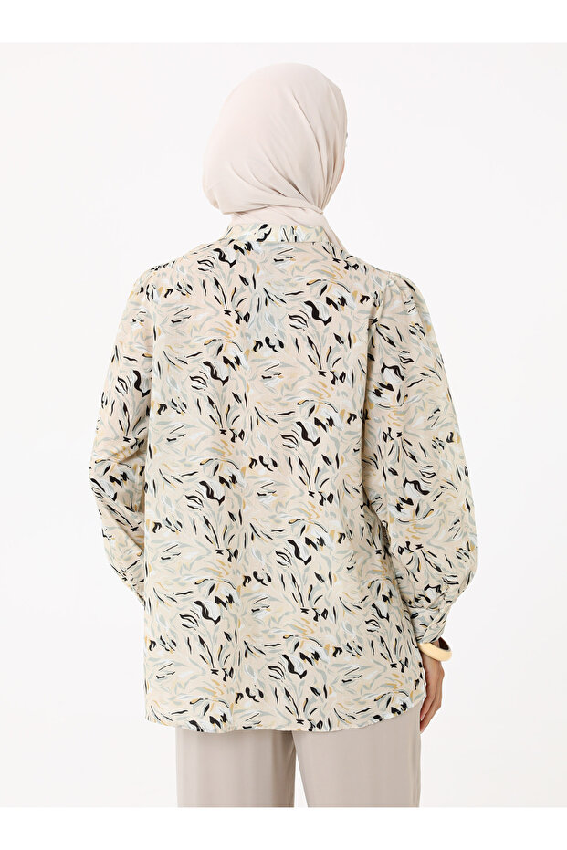 Çiçek Baskılı Vual Tunik - Krem - - 5