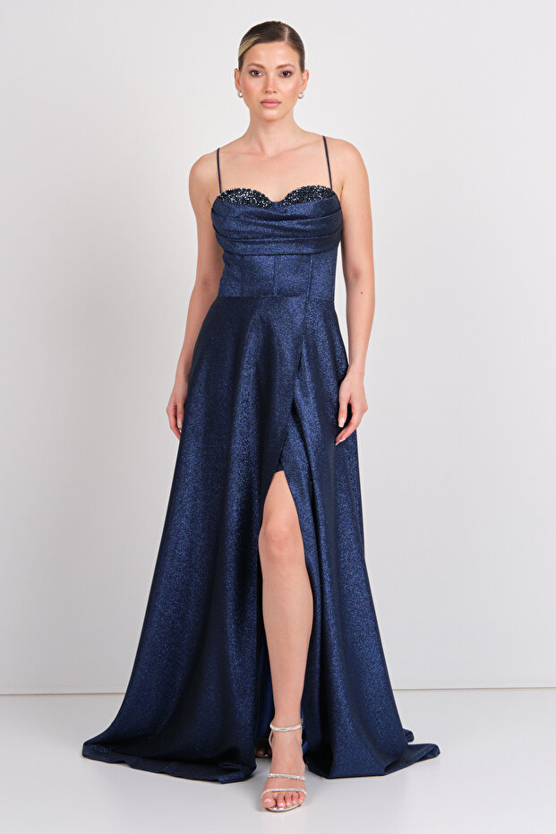 Women's Stone Embroidered Strap Maxi Evening Dress 5772 Navy Blue