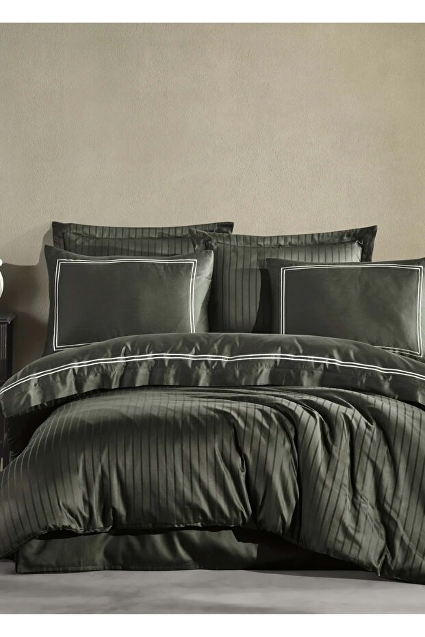 Dantele Image Embroidered Cotton Satin Way Double Duvet Cover Set-Khaki
