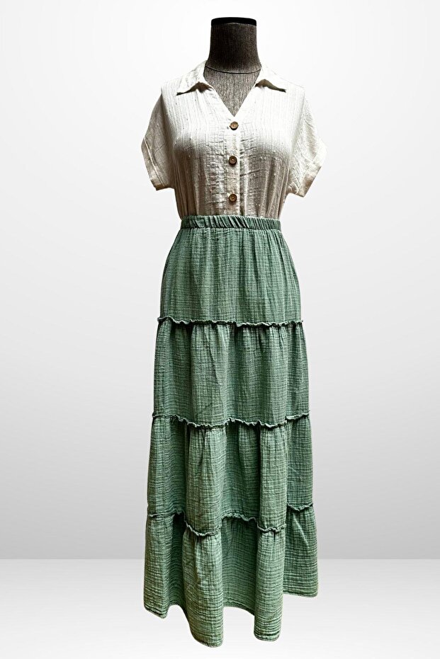 Women's Elastic Waist Layered Muslin Long Skirt
