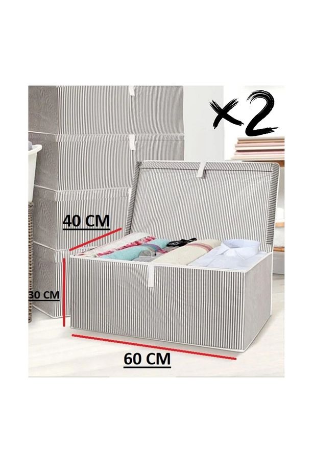 2 ADET 60x40x30 Katlanabilir Kapaklı Kumaş Oyuncak ve Eşya Saklama Kutusu – Gri Çizgili KUTU HURÇ - 3