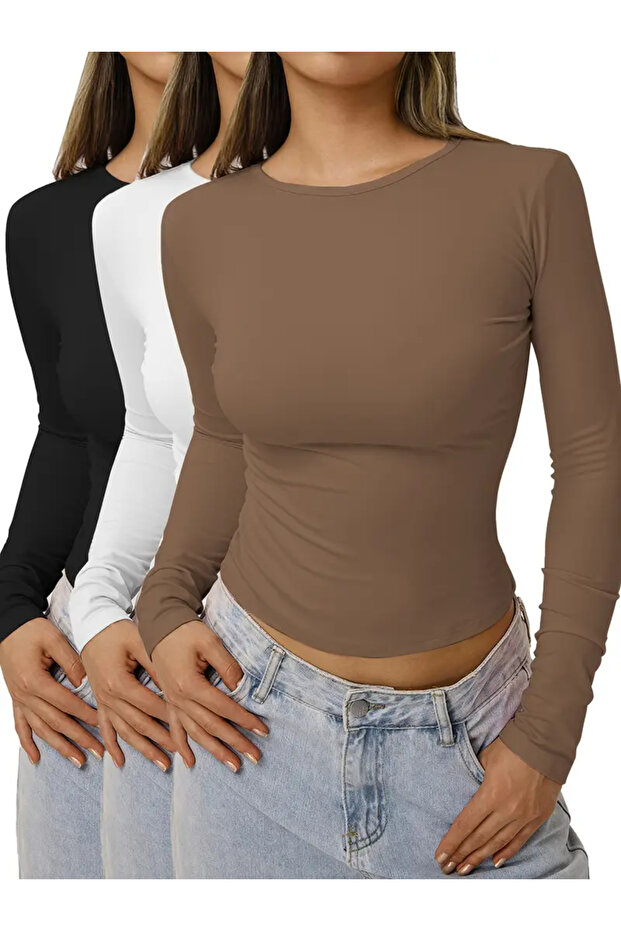 Body basic cu mânecă lungă și decolteu rotund - 1