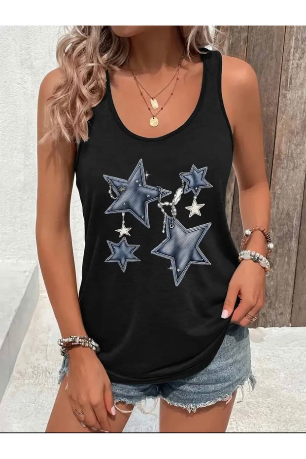 Blue Star Printed Women's T-Shirt with Chain