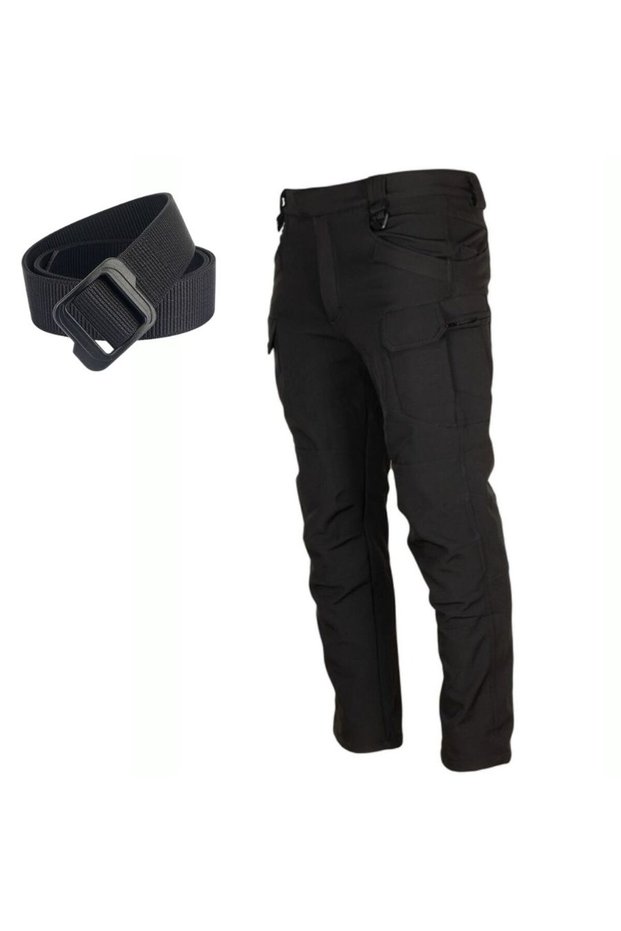Tactical Softshell Pants, with Adjustable Belt, Waterproof, Multiple Pockets, Black
