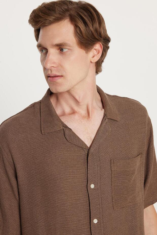 Men's Relax Fit Apaş Collar Rustic Fabric Viscose Cotton Comfortable Cut Brown Shirt