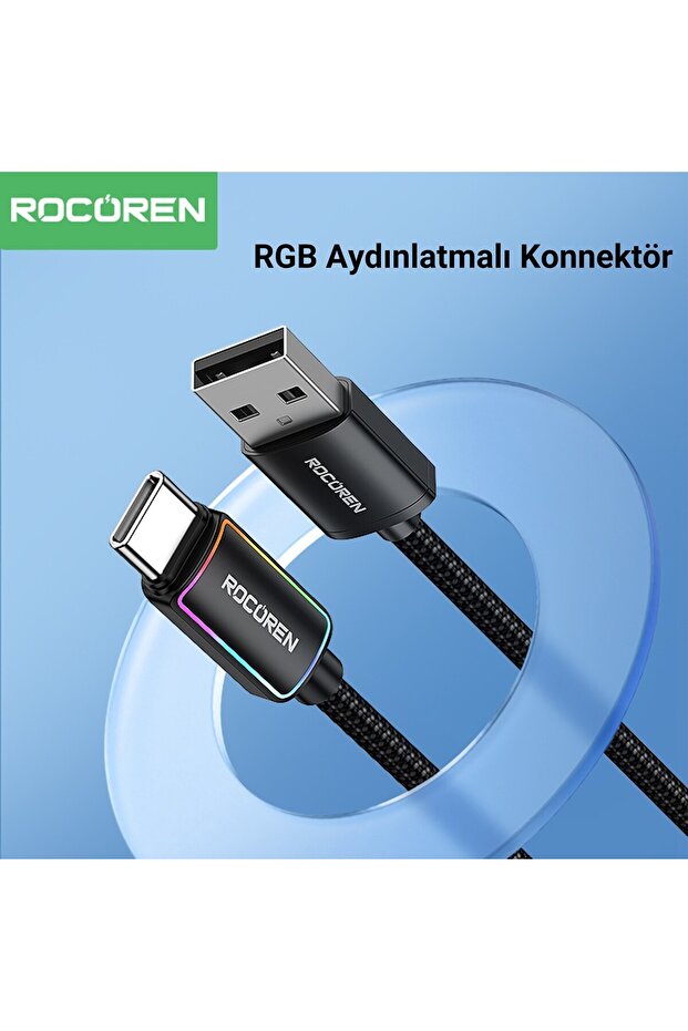 Type-C to USB-A RGB Aydınlatmalı 3A Hızlı Şarj ve Data Kablosu 3 Metre - 2