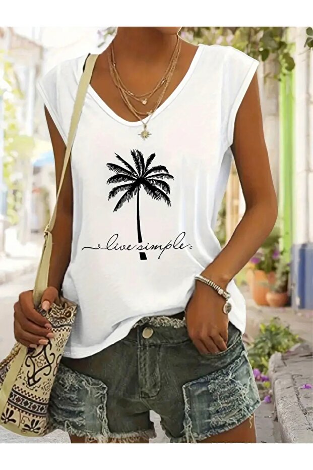 Palm Printed Women's Sleeveless T-Shirt