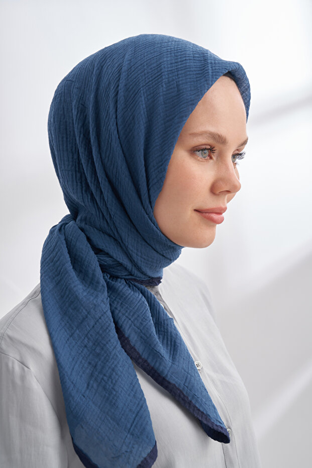 MÜSLİN BİYELİ EŞARP - İNDİGO - 3