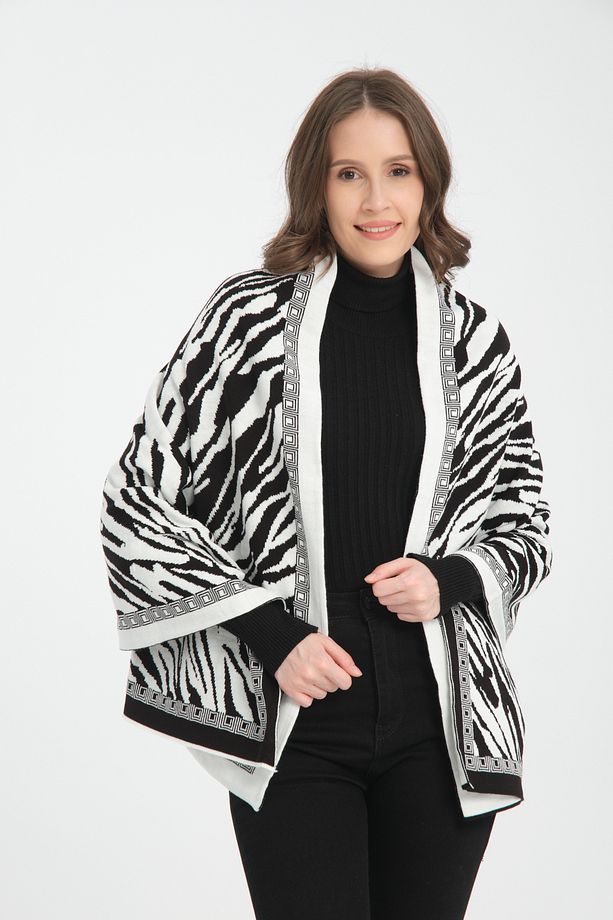 T-Crazy Knitwear Zebra Desen Çift Katlı ve Çift Yüzlü Triko Örme Omuz Şalı - 3