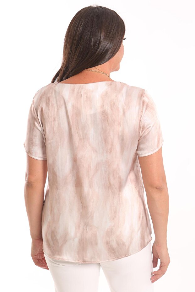 بلوزة كبيرة الحجم منقوشة باللون البيج بأكمام قصيرة - 6