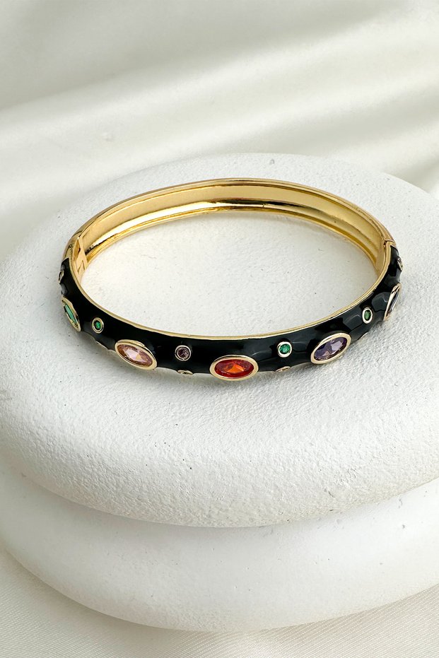 Gold Color Enamel Oval Colored Stone Design Handcuff Bracelet (Diameter: 6cm)