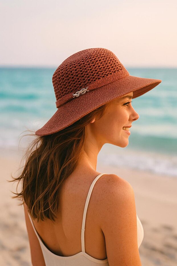 Women's Brick Color Mesh Knitted Straw Look Summer Beach Hat – Chain Detailed 24740-16