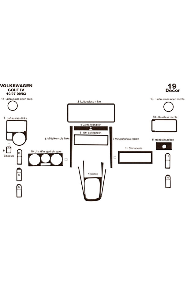 Volkswagen Golf 4 Console-Torpedo Trim 1997-2003 19 Pieces
