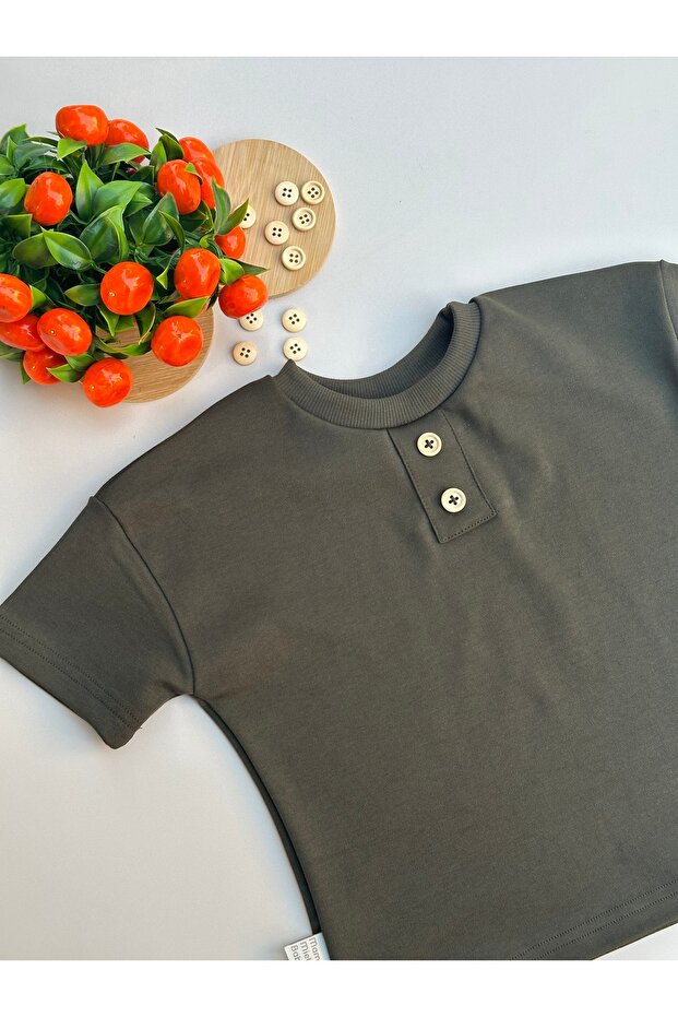 Khaki Patch Ornamental Button Oversize T-Shirt - 100% Cotton