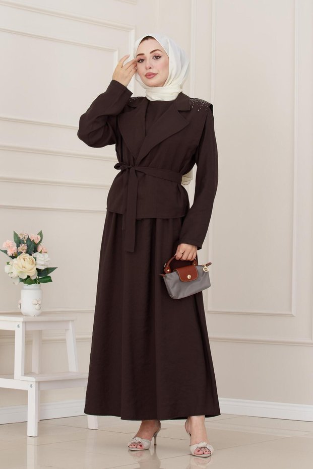 Vest with Stone Detail Tencel Dress - Brown