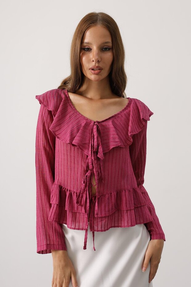 Shilsee Women's Ruffle Front Long Sleeve Tie up Transparent Bluz Cherry Rotten
