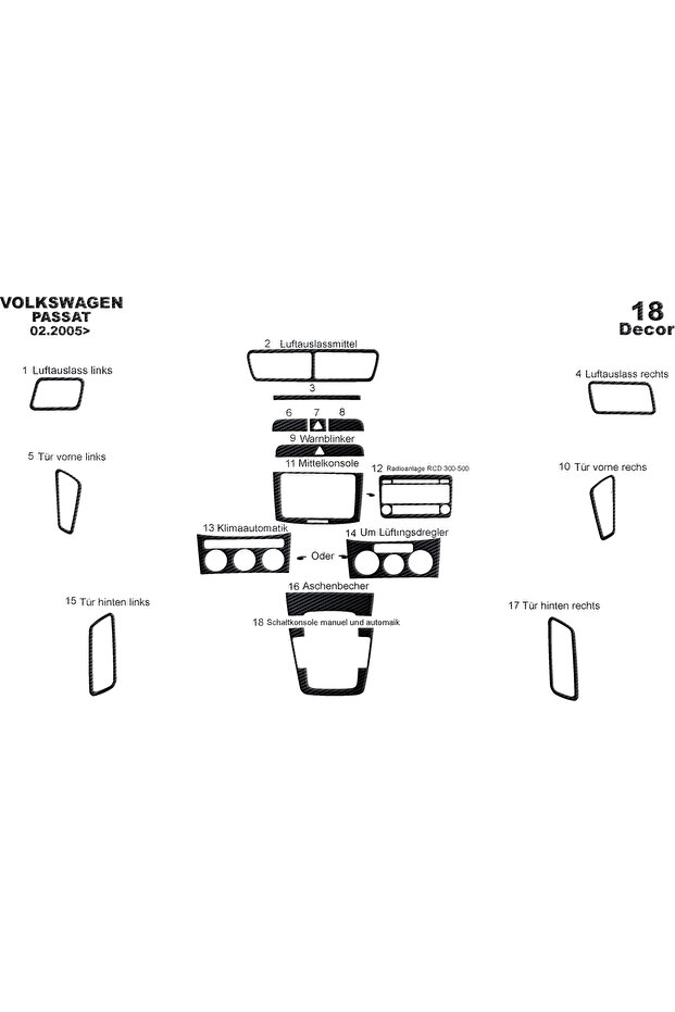 Volkswagen Passat Compatible Console-Glove Box Trim 2005-2010 18 Pieces