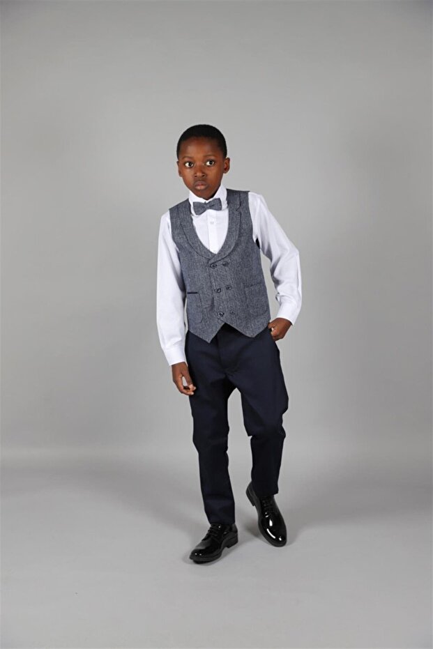 03 - 14 Years Old Boy's Navy Blue Linen Vest Suit