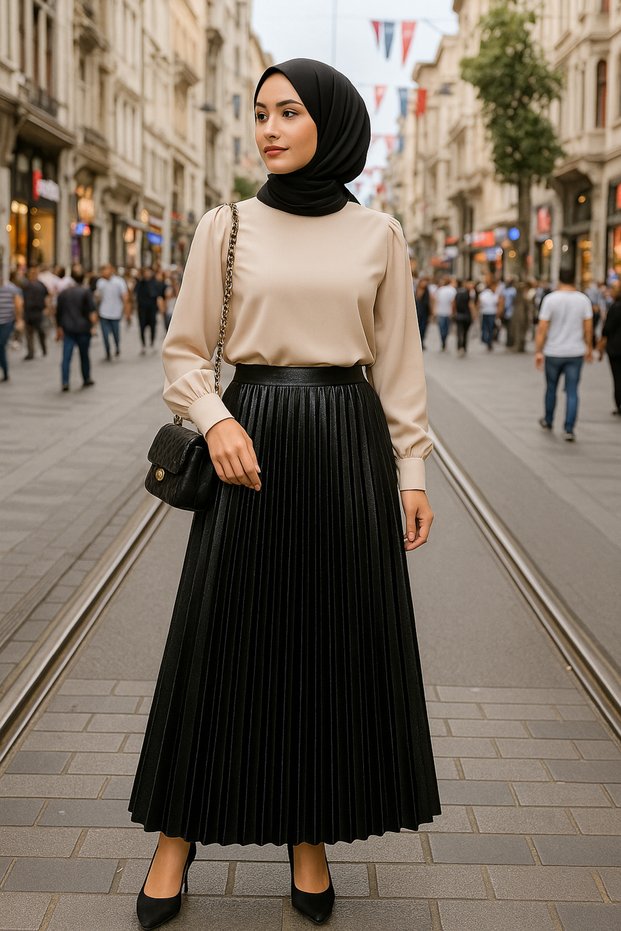 Women's Pleated Satin Look Long Skirt Hijab Compatible City Style