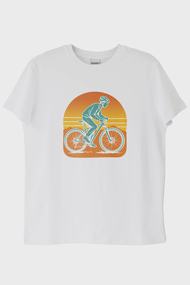 Biker Figured Cyclist Printed Nature White T-Shirt