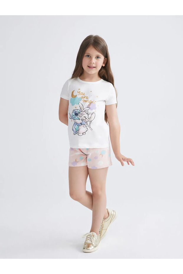 LCW Kids Ekru Lilo & Stitch Baskılı Kız Çocuk Şortlu Pijama Takımı - 2