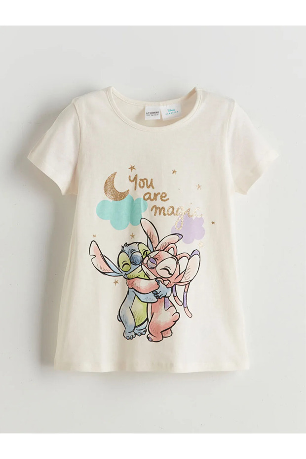 LCW Kids Ekru Lilo & Stitch Baskılı Kız Çocuk Şortlu Pijama Takımı - 4